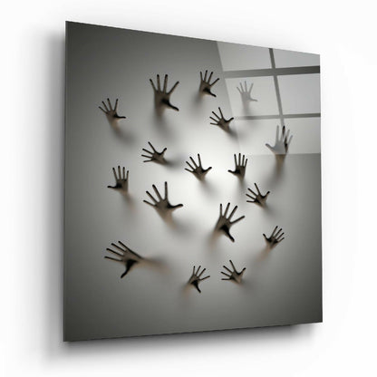 Hands Pressing Through Gray Wall Glass Wall Art