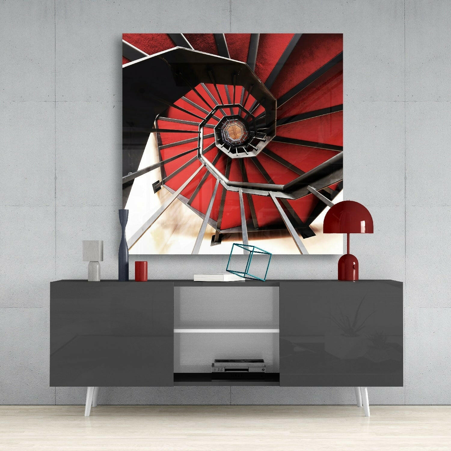 Red Spiral Staircase Above View Glass Wall Art