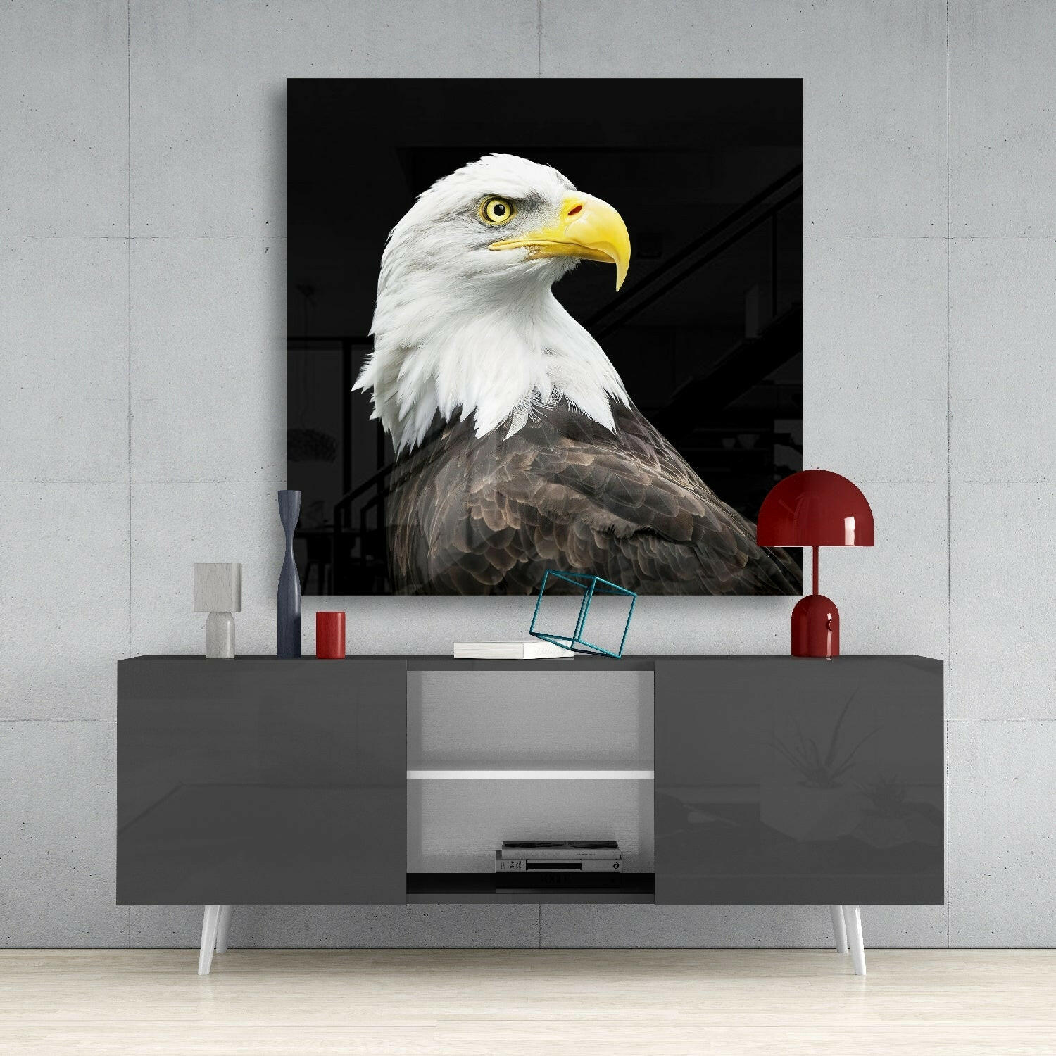 Bald Eagle Head Black Square Glass Wall Art