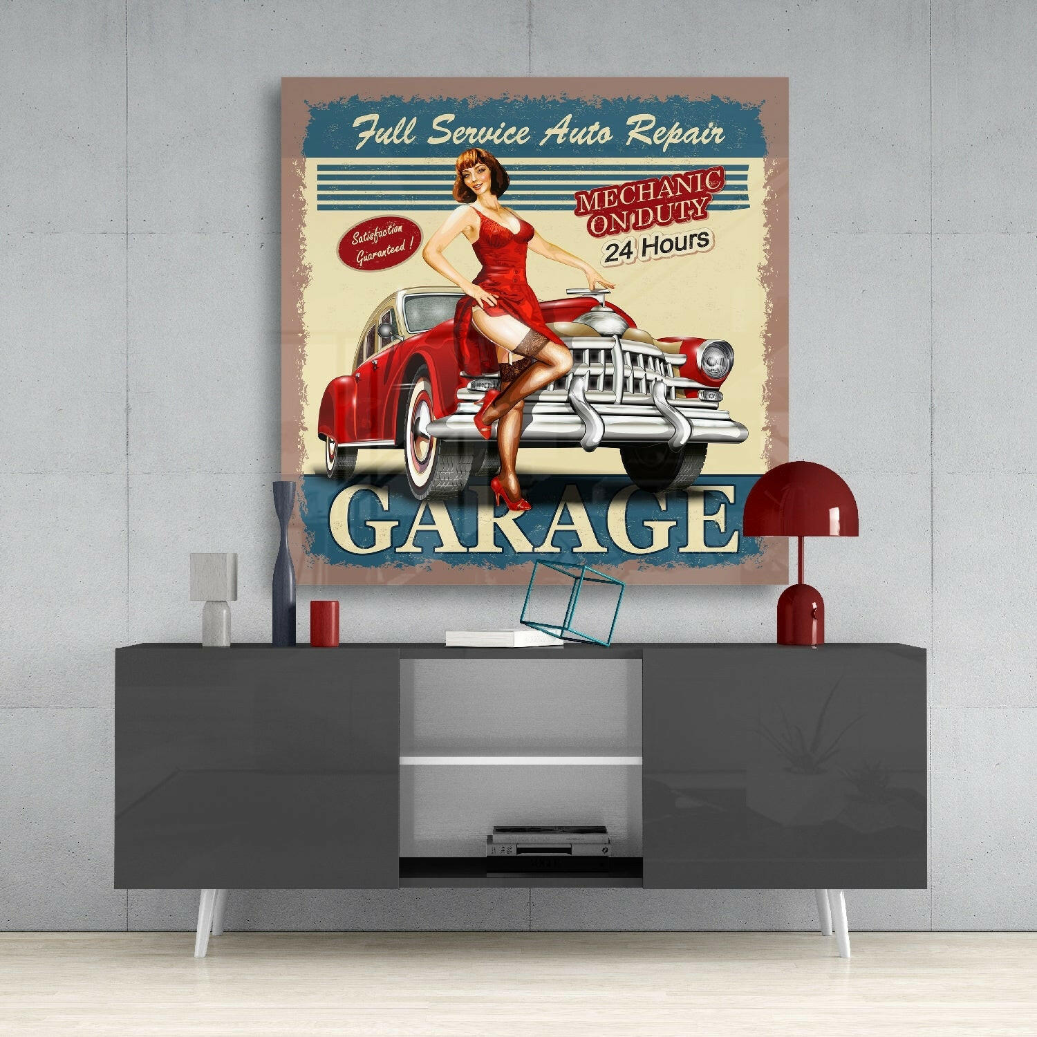 Retro Garage Auto Repair Poster Glass Wall Art