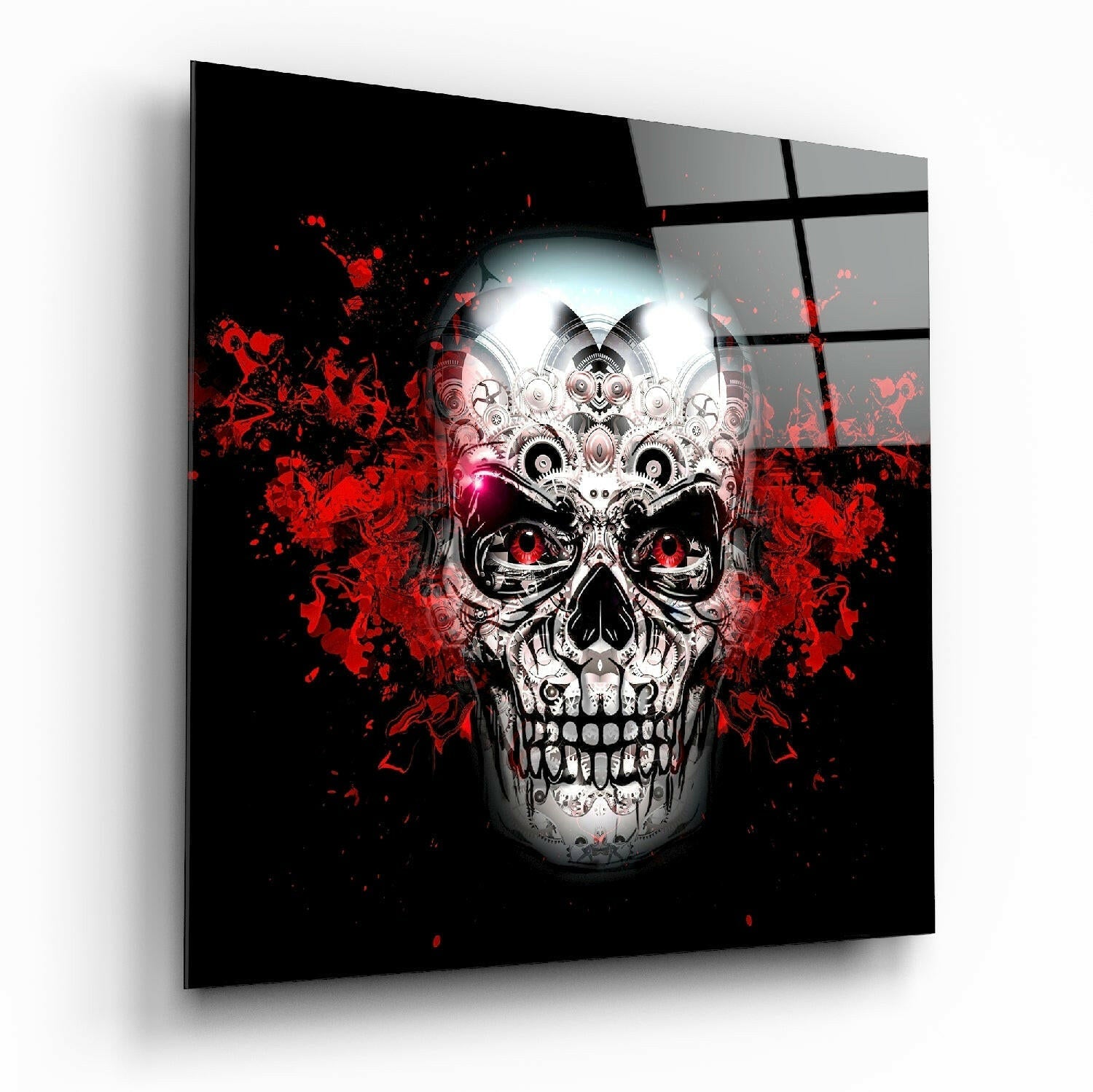 Red Splatter Ornate Skull Glass Wall Art