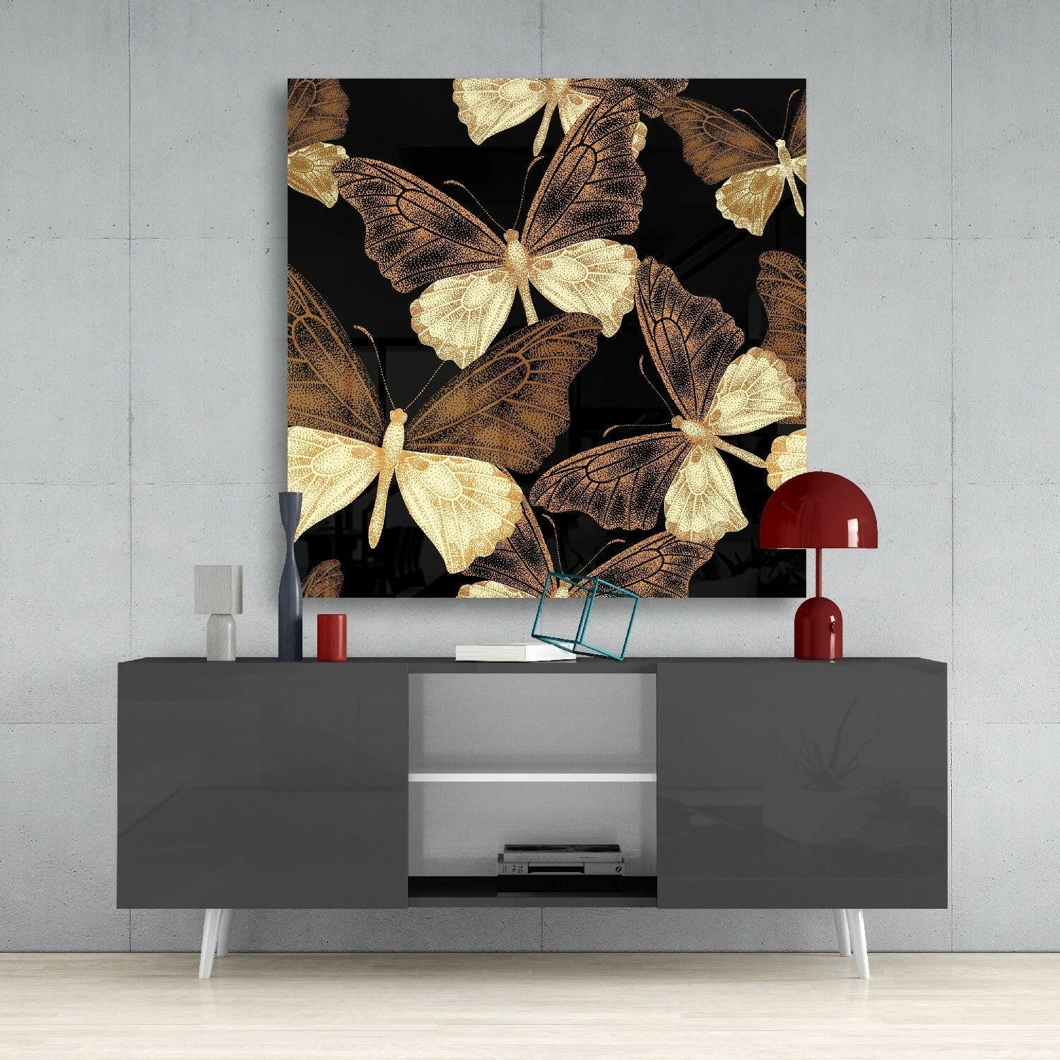 Golden Butterflies Black Backdrop Glass Wall Art