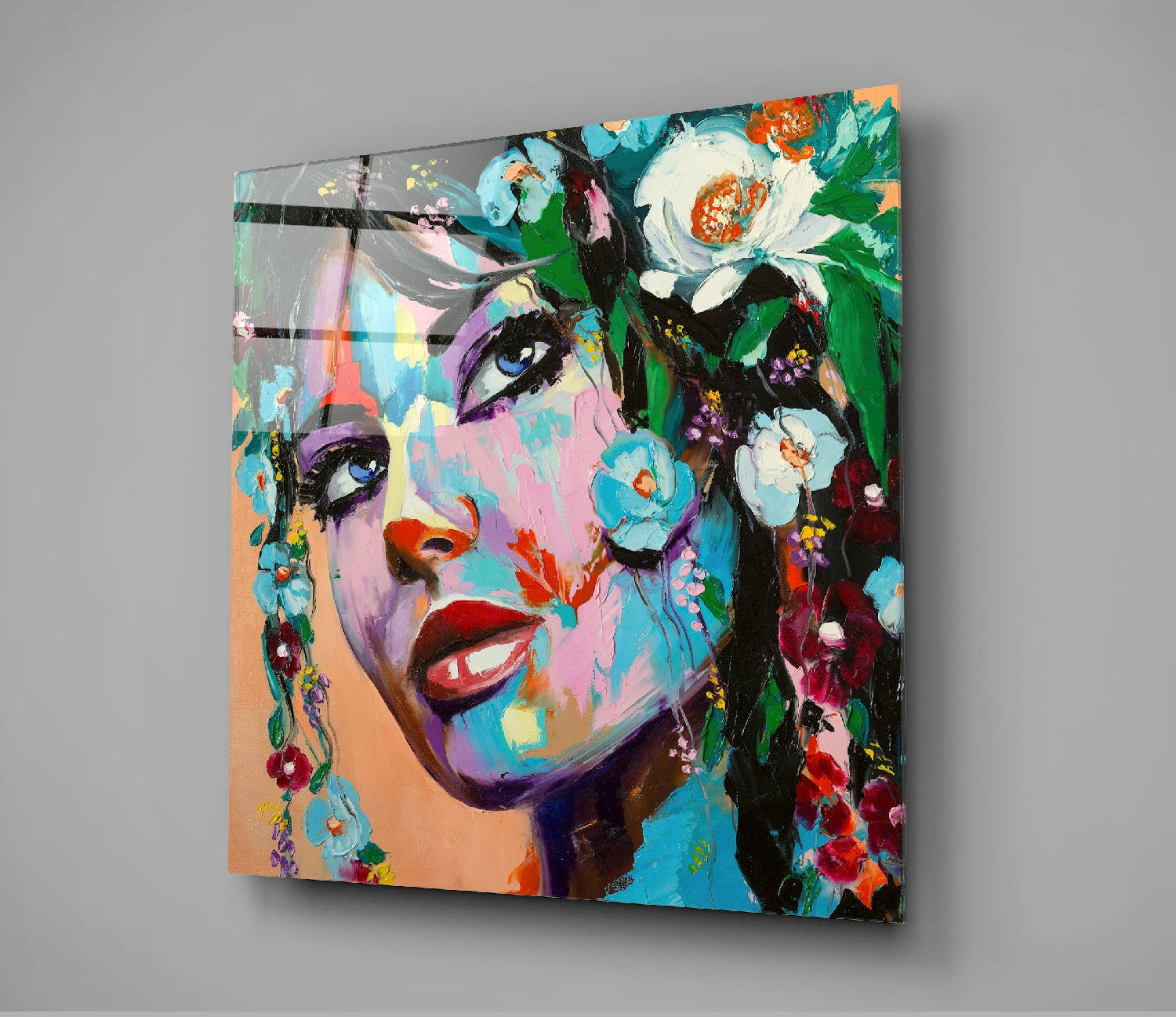 Turquoise Blossom Palette Knife Woman Glass Wall Art