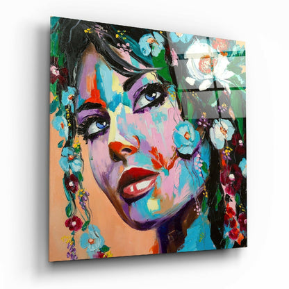 Turquoise Blossom Palette Knife Woman Glass Wall Art
