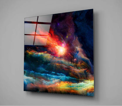 Crimson Star Burst Cosmic Clouds Glass Wall Art