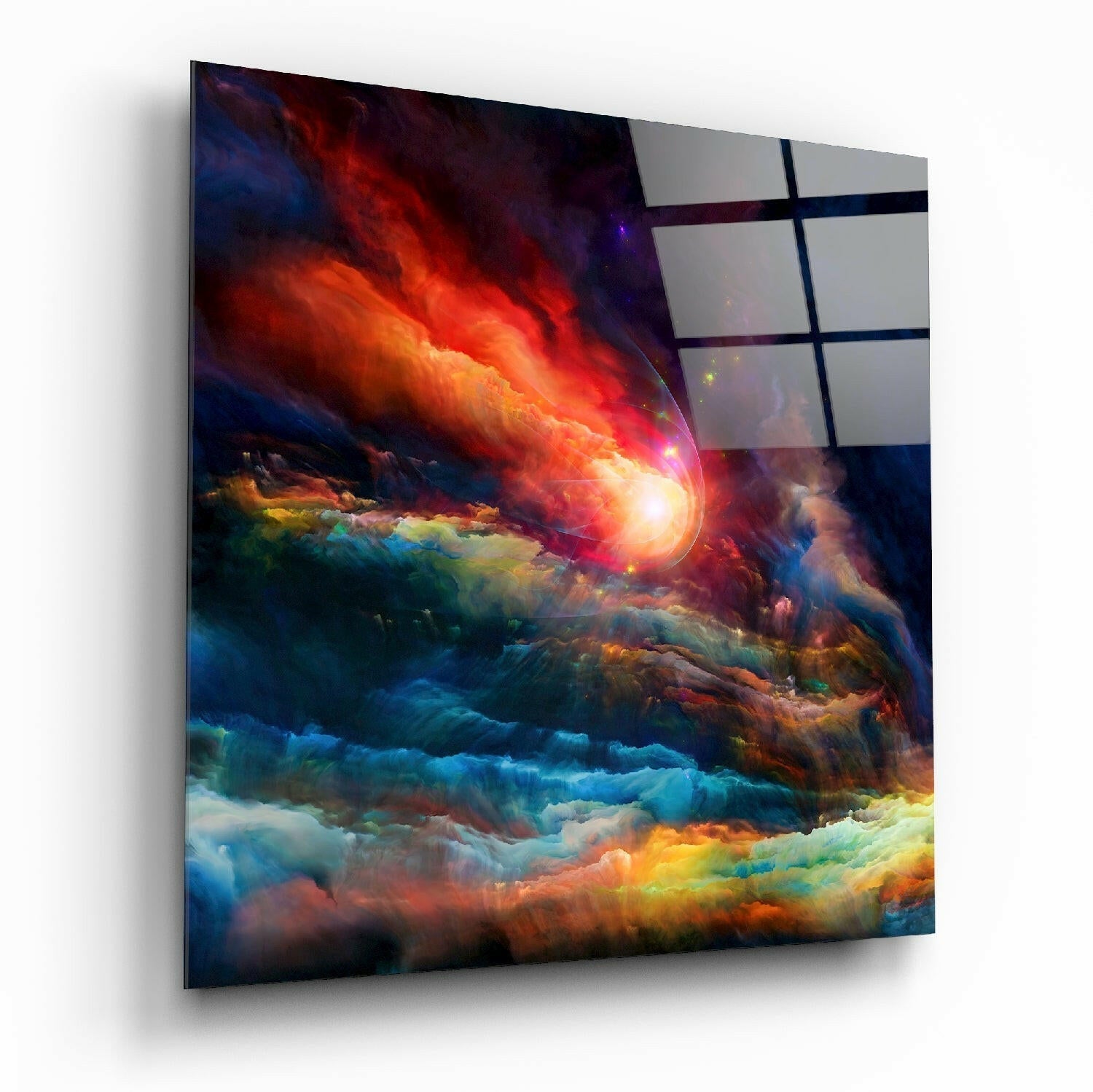 Crimson Star Burst Cosmic Clouds Glass Wall Art