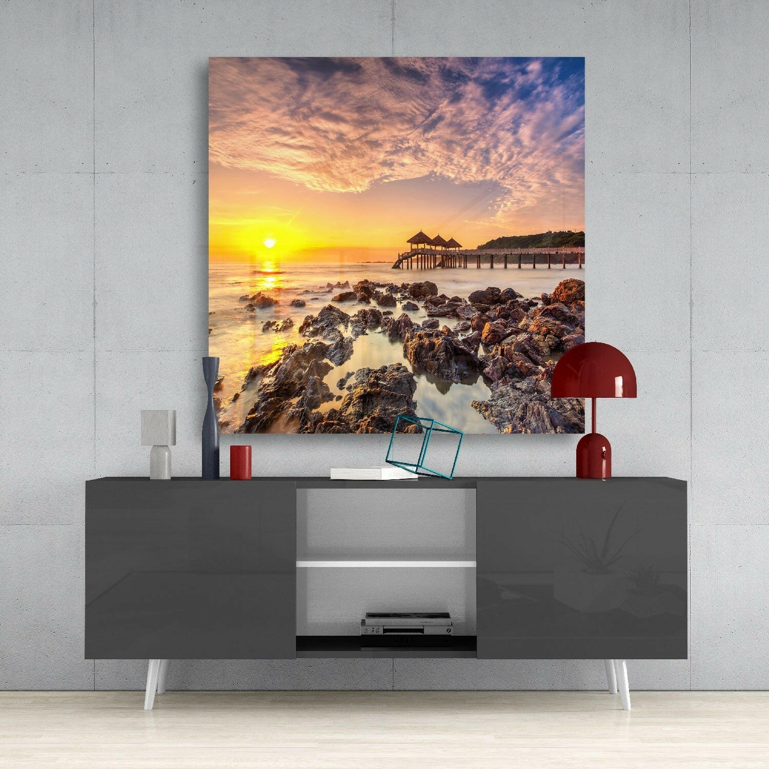 Wooden Pier Pavilion Rocky Sunrise Glass Wall Art