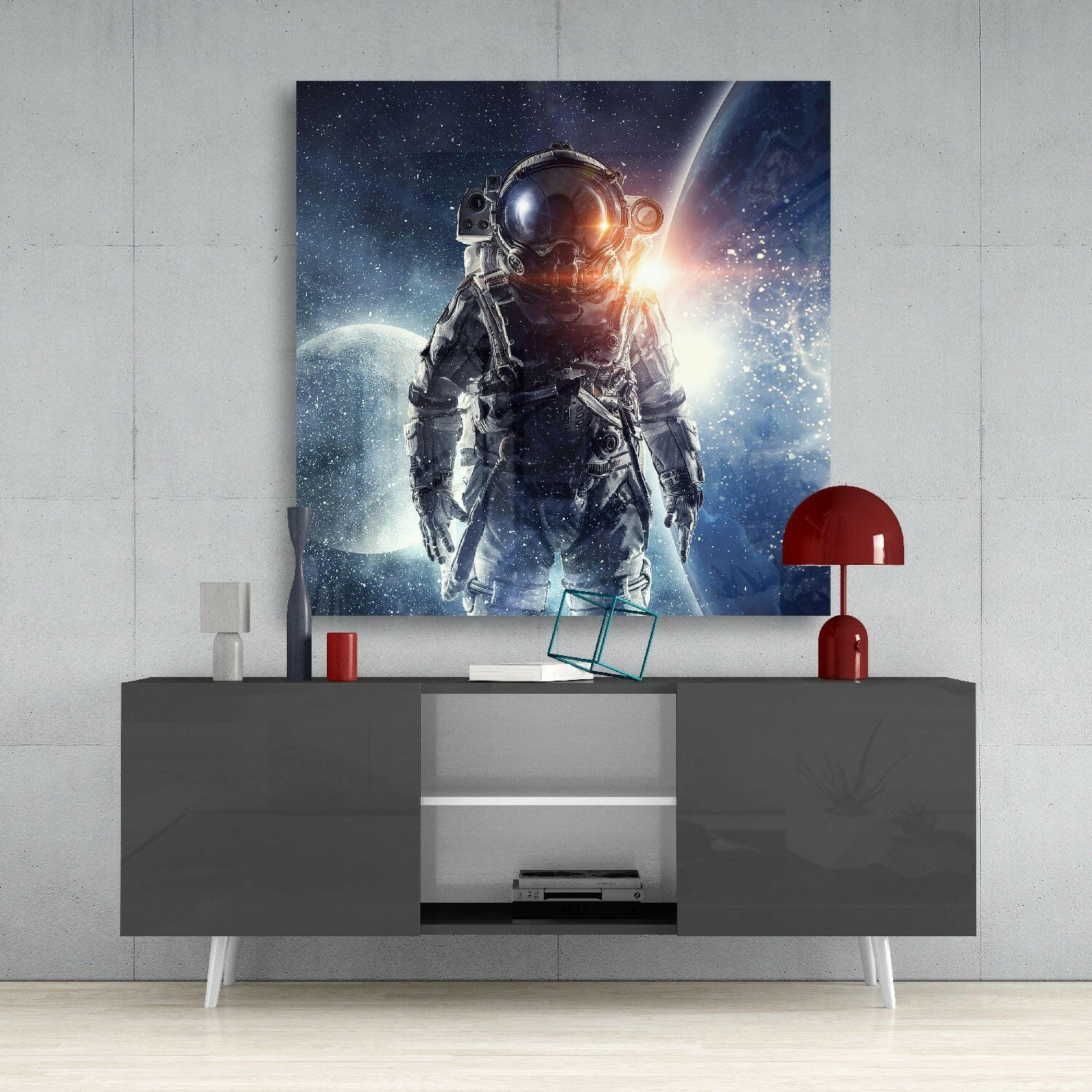 Moonlit Lens Flare Astronaut Glass Wall Art