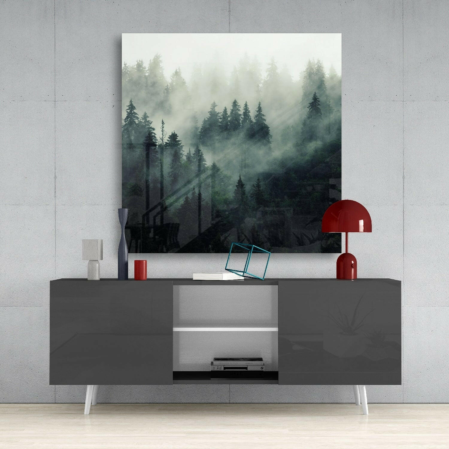 Square Deep Green Foggy Pine Slope Glass Wall Art