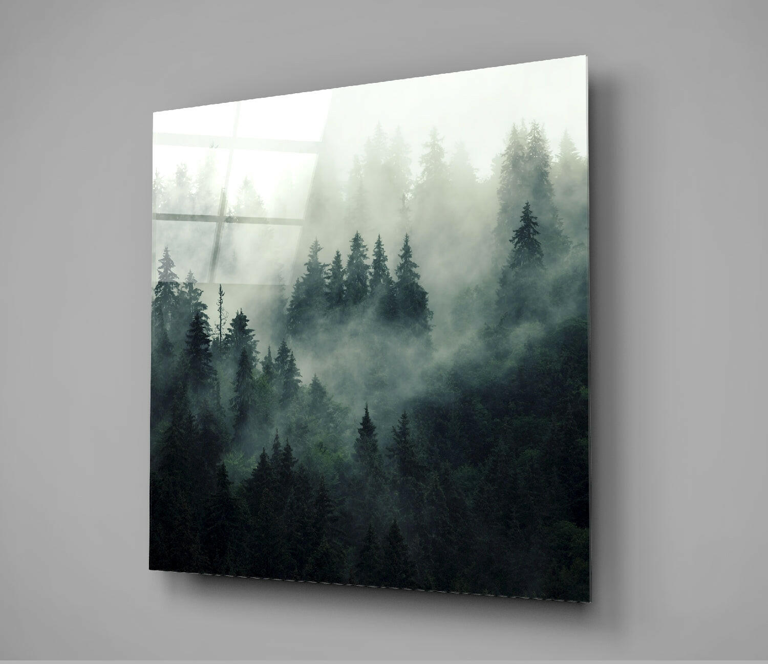 Square Deep Green Foggy Pine Slope Glass Wall Art