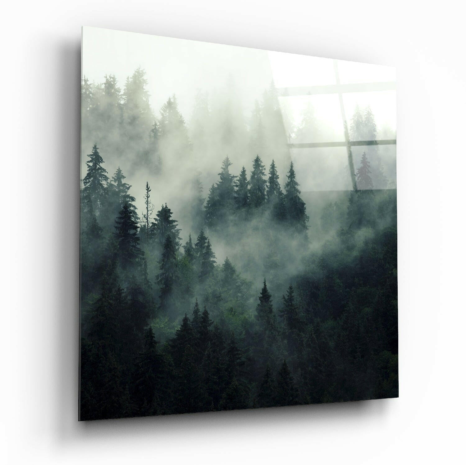 Square Deep Green Foggy Pine Slope Glass Wall Art