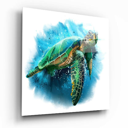 Green Sea Turtle Watercolor Splash Glass Wall Art