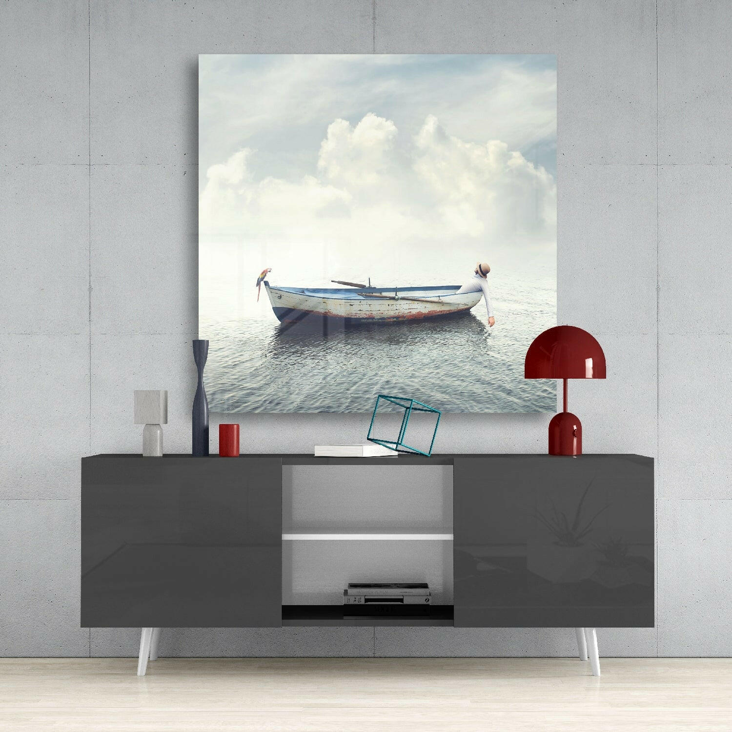 White Boat With Parrot Calm Sea Glass Wall Art