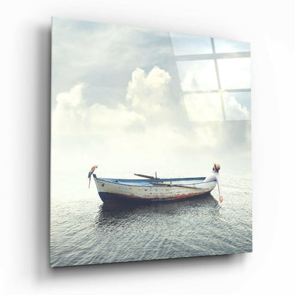 White Boat With Parrot Calm Sea Glass Wall Art