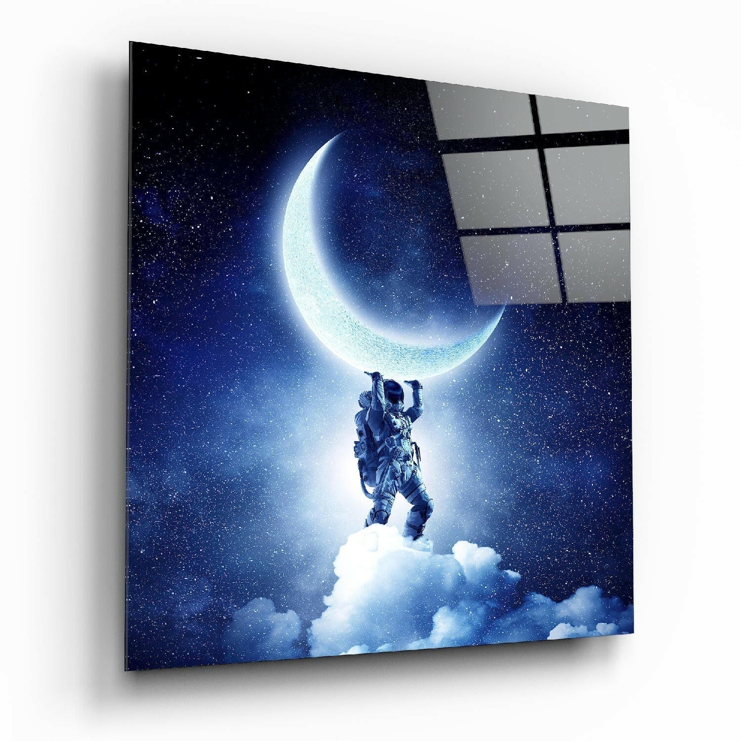 Astronaut Lifting Crescent Moon Glass Wall Art
