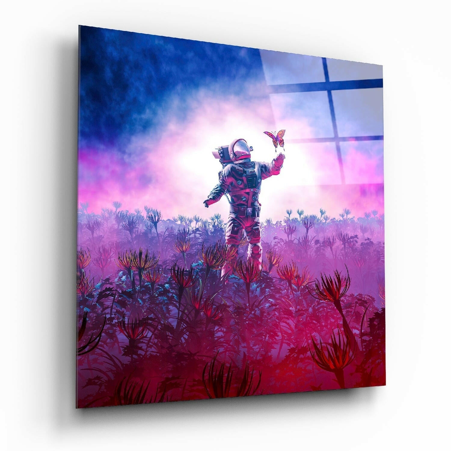 Astronaut Pink Nebula Butterfly Glass Wall Art
