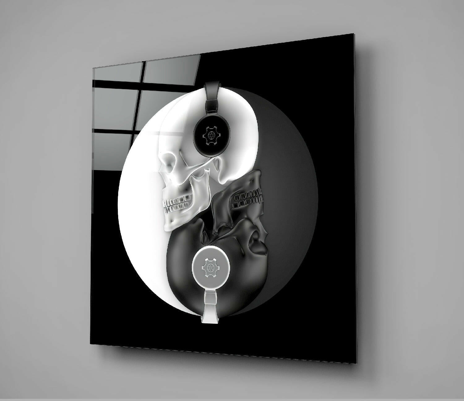 Yin Yang Skull DJ Headphones Glass Wall Art