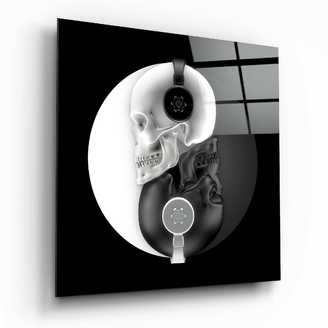 Yin Yang Skull DJ Headphones Glass Wall Art