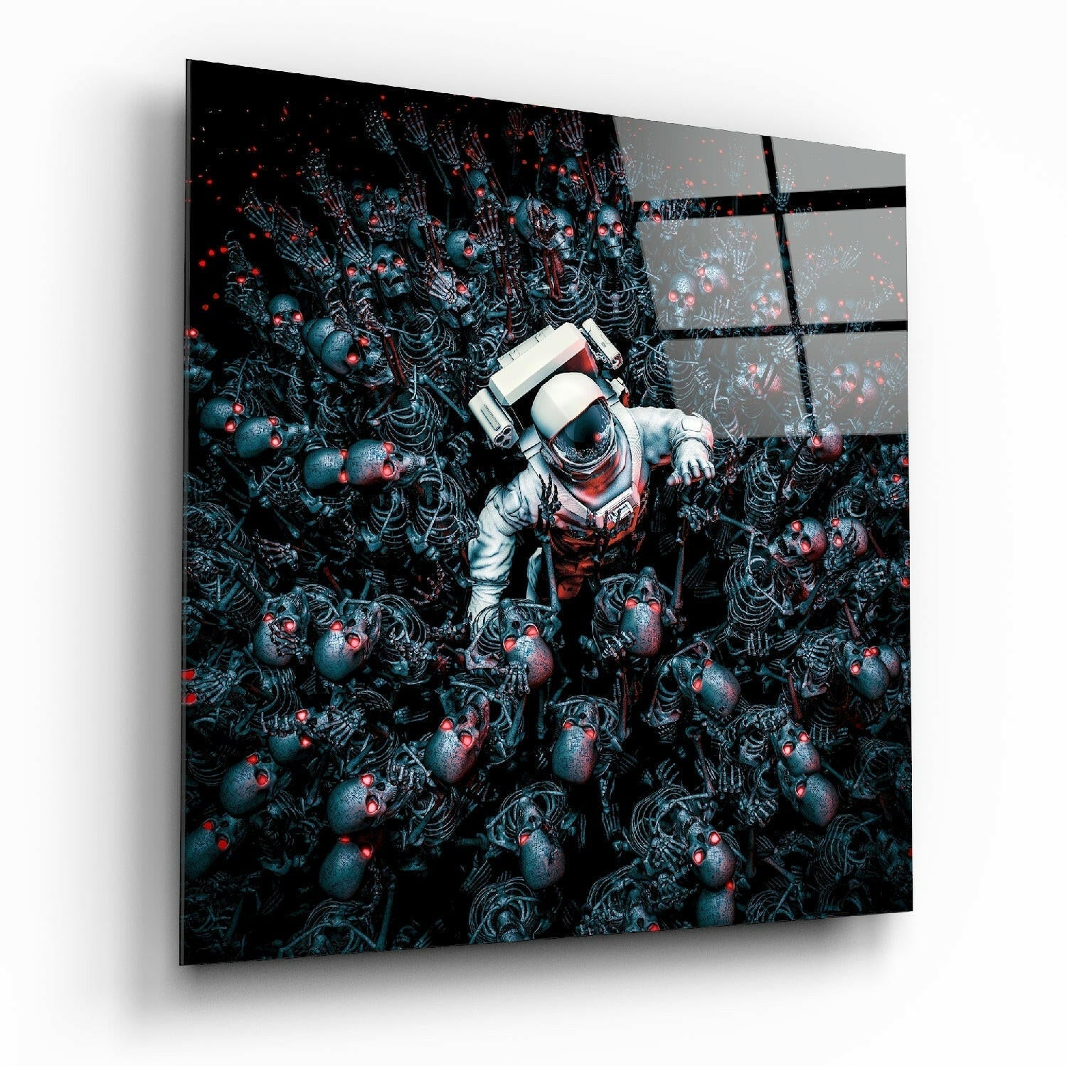 Astronaut Amid Red Eyed Skeletons Glass Wall Art