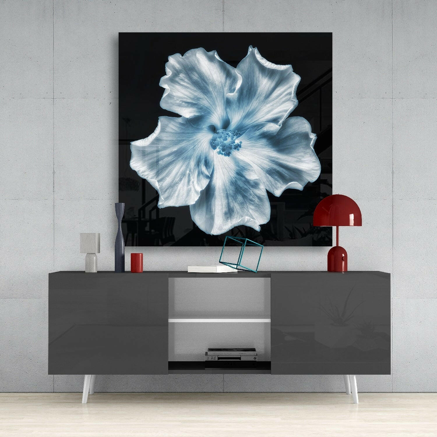 Icy Blue Hibiscus Glass Wall Art