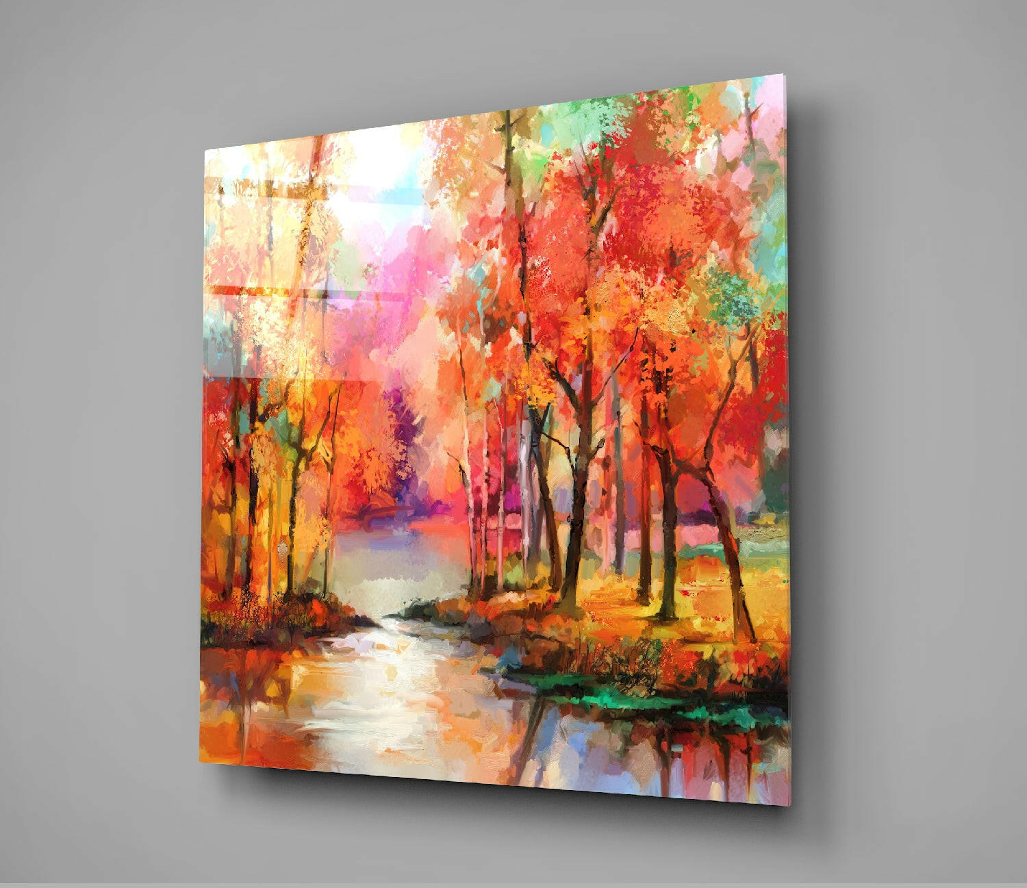 Autumn Forest Stream Painting Glass Wall Art