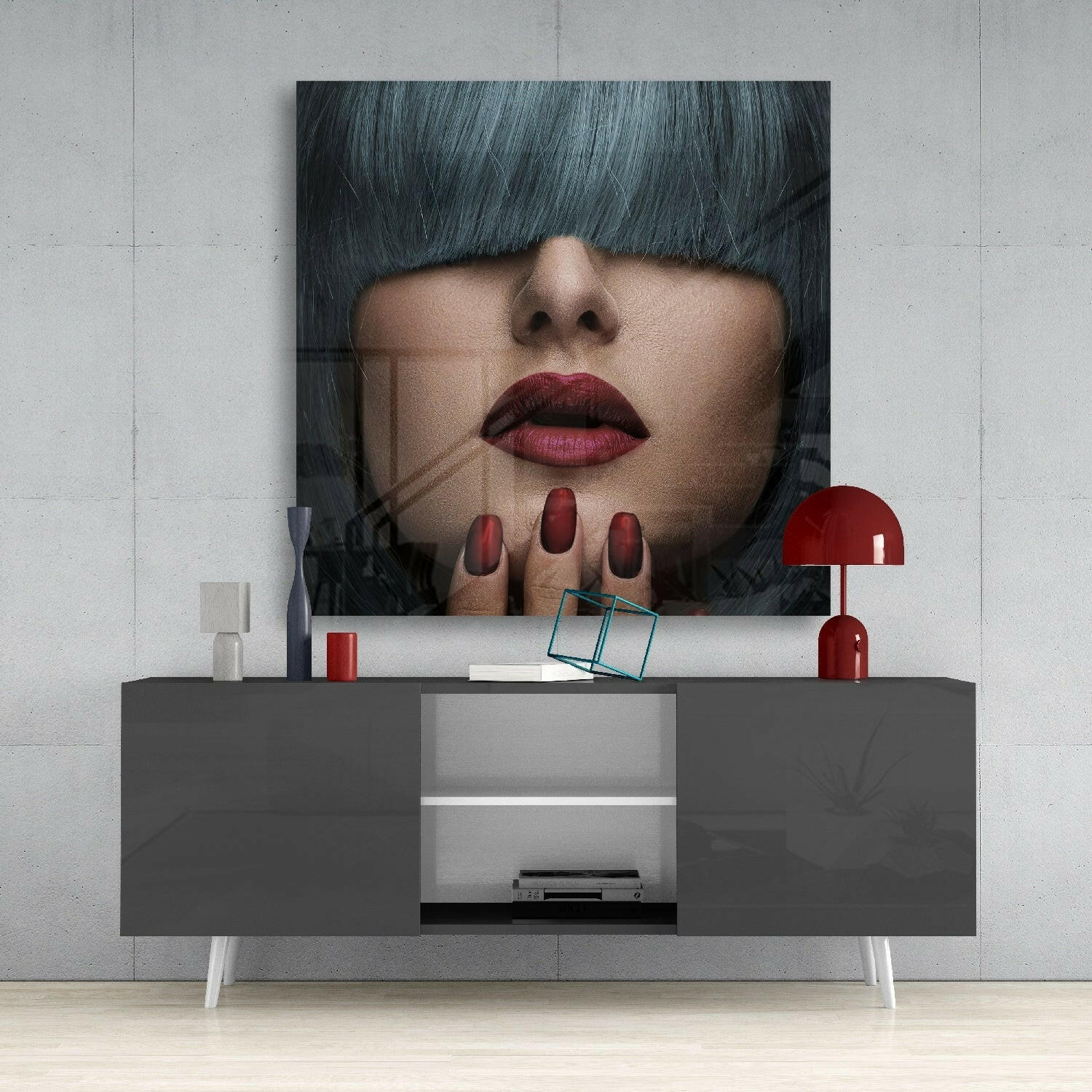 Blue Bangs Red Lips Fashion Glass Wall Art