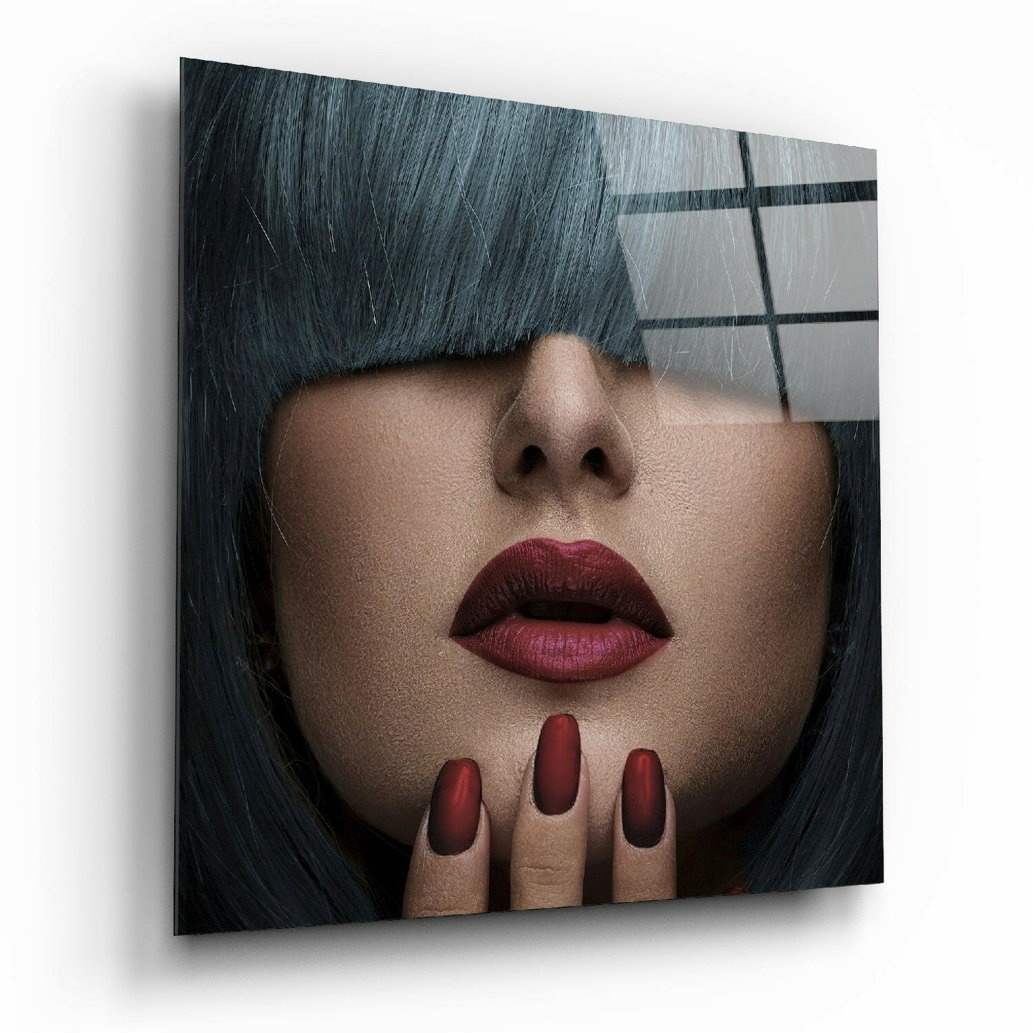 Blue Bangs Red Lips Fashion Glass Wall Art