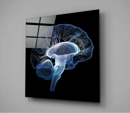 Blue Wireframe Brain Side View Glass Wall Art