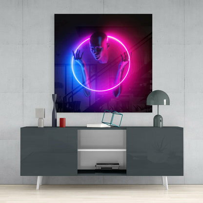 Neon Circle Ring Pink Blue Figure Glass Wall Art
