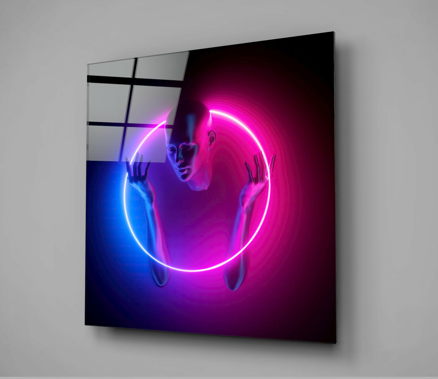 Neon Circle Ring Pink Blue Figure Glass Wall Art