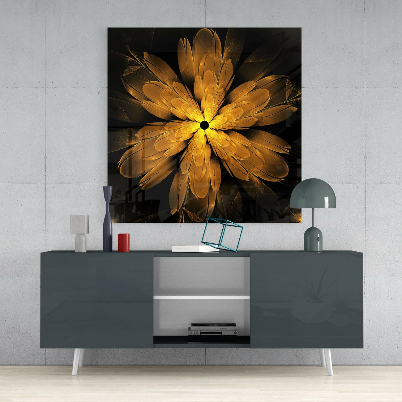 Golden Feather Fractal Glass Wall Art