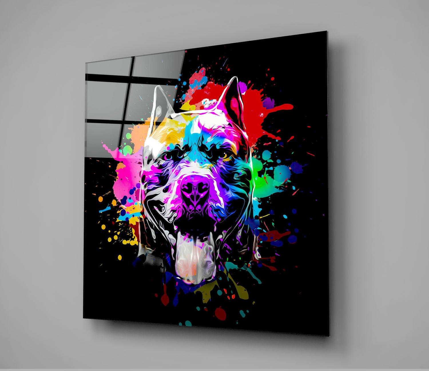 Neon Paint Splash Pitbull on Black Glass Wall Art