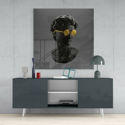Bitcoin Sunglasses David Bust Glass Wall Art