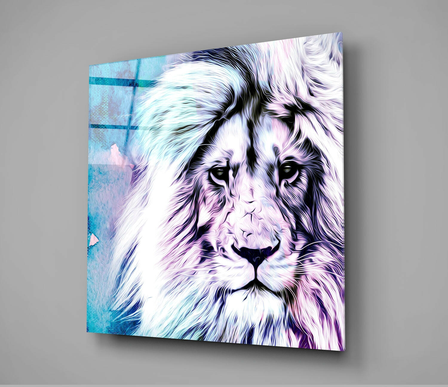 Turquoise Watercolor Lion Portrait Glass Wall Art
