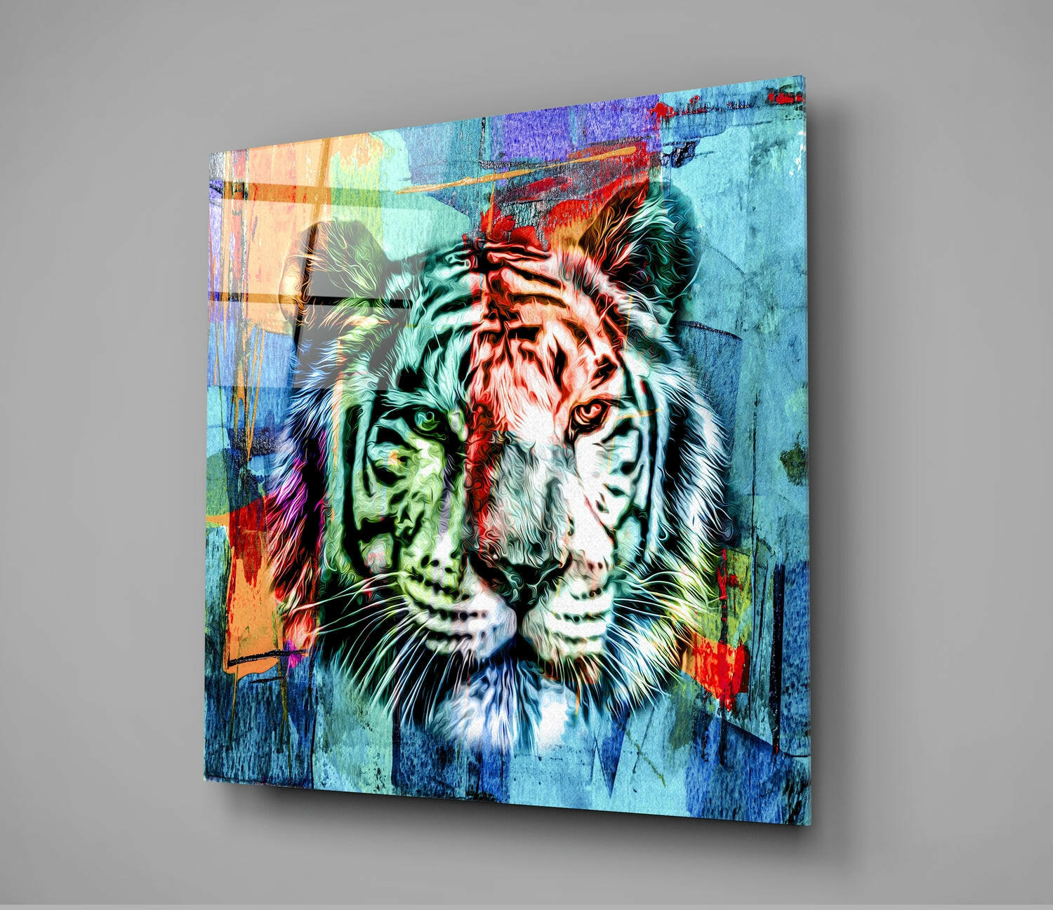 Split Color Tiger Face Glass Wall Art