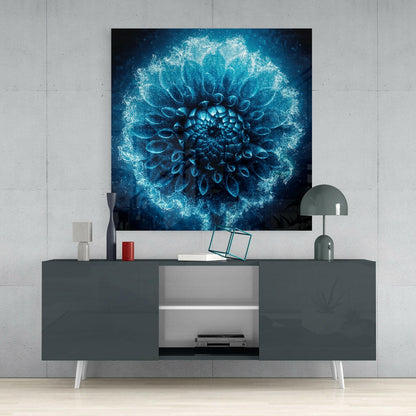 Frosted Blue Dahlia Glass Wall Art