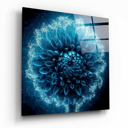 Frosted Blue Dahlia Glass Wall Art