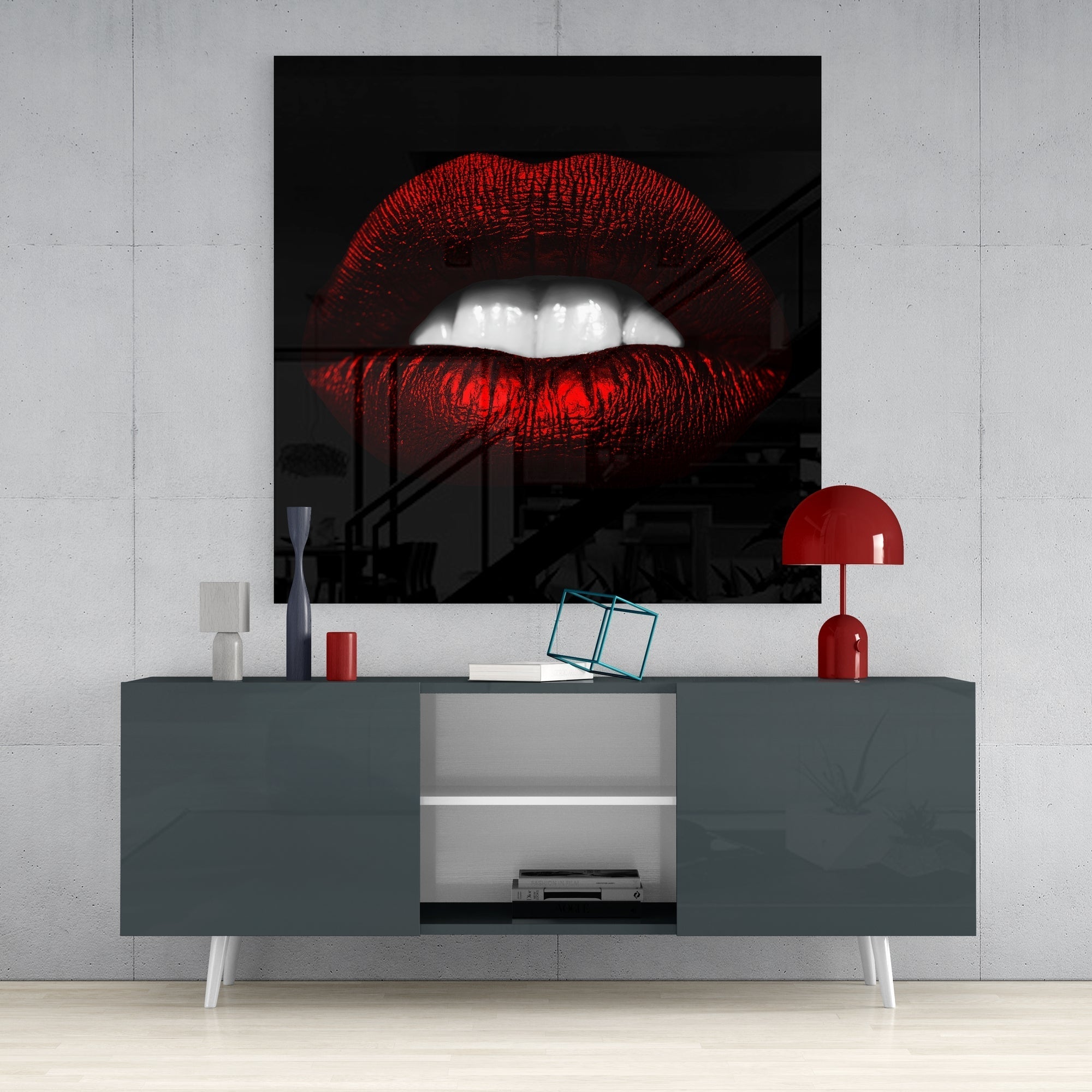 Glossy Red Lips White Teeth Glass Wall Art