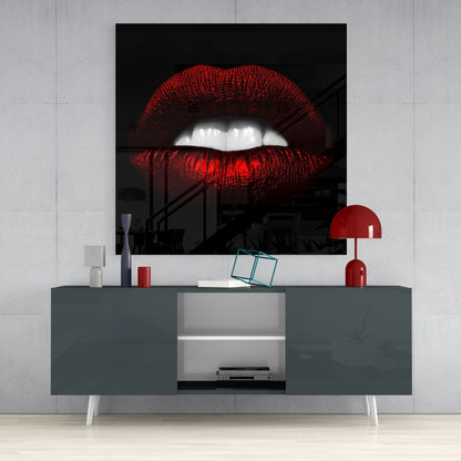 Glossy Red Lips White Teeth Glass Wall Art