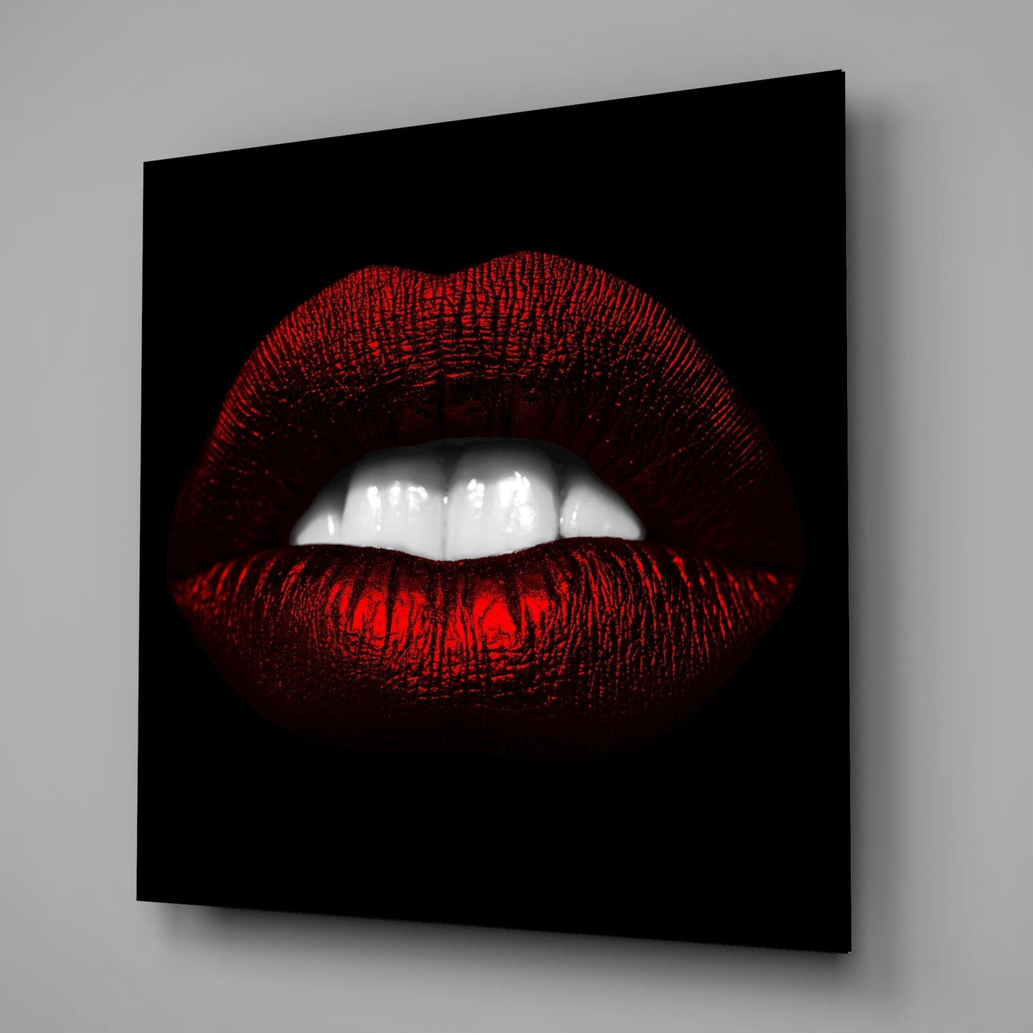 Glossy Red Lips White Teeth Glass Wall Art