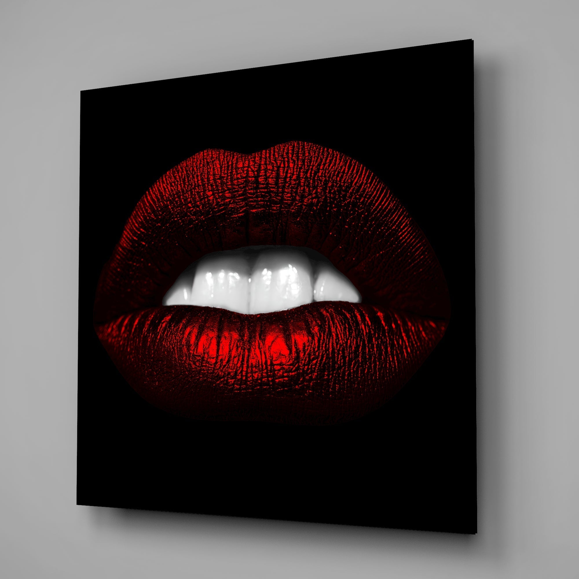 Glossy Red Lips White Teeth Glass Wall Art