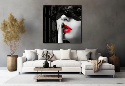 Black Lace Veil Red Lips Hush Glass Wall Art