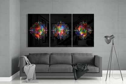 Neon Rainbow Buddha Head Trio Glass Wall Art