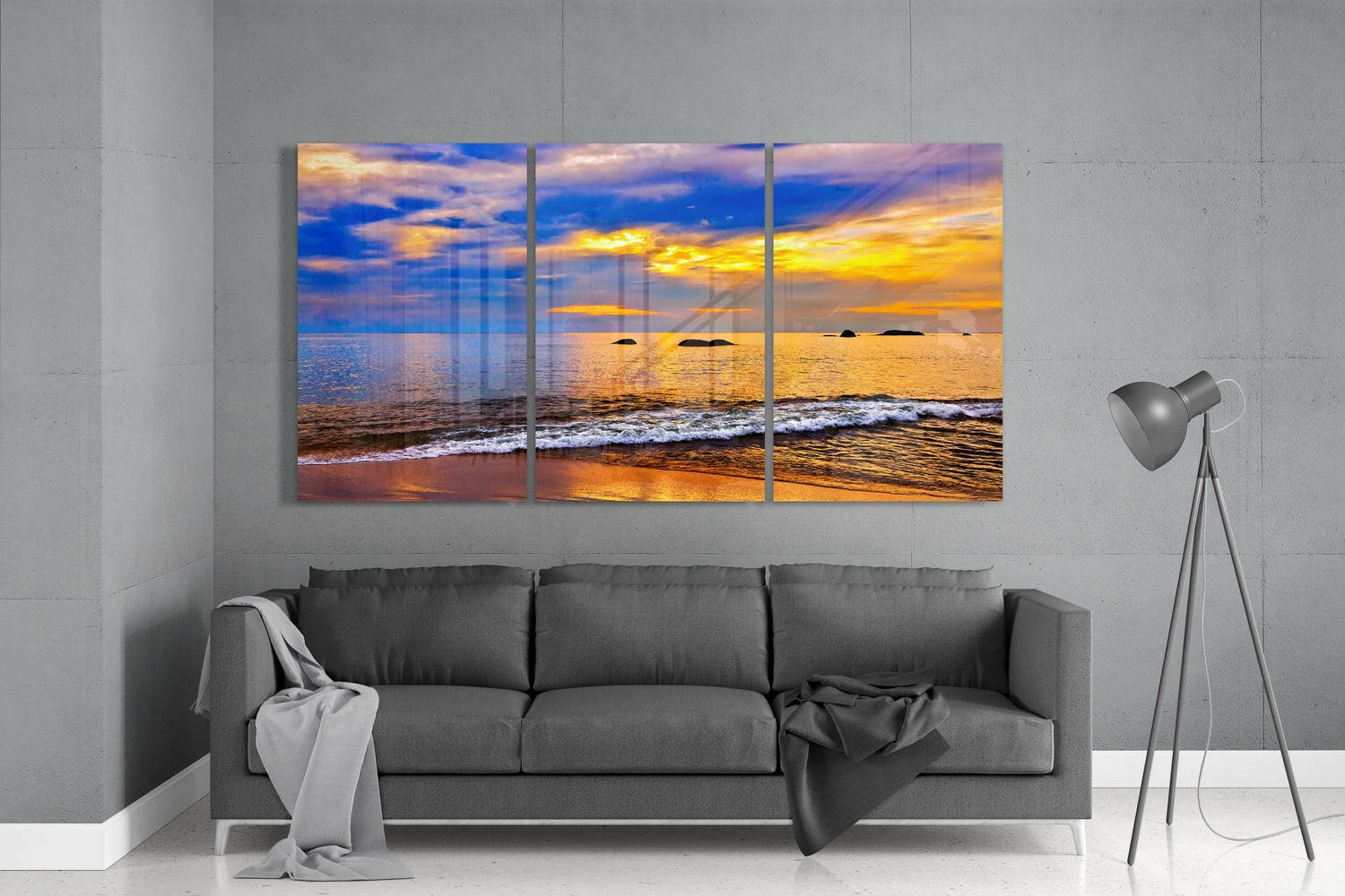 Golden Beach Sunset Triptych Glass Wall Art