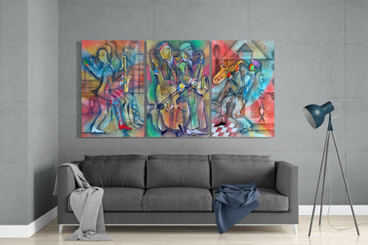 Colorful Cubist Jazz Band Musicians Glass Wall Art