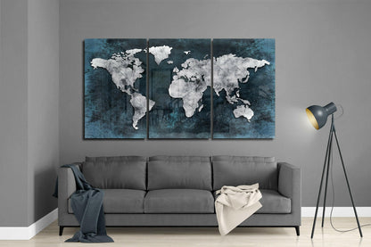 White World Map Teal Grunge Glass Wall Art