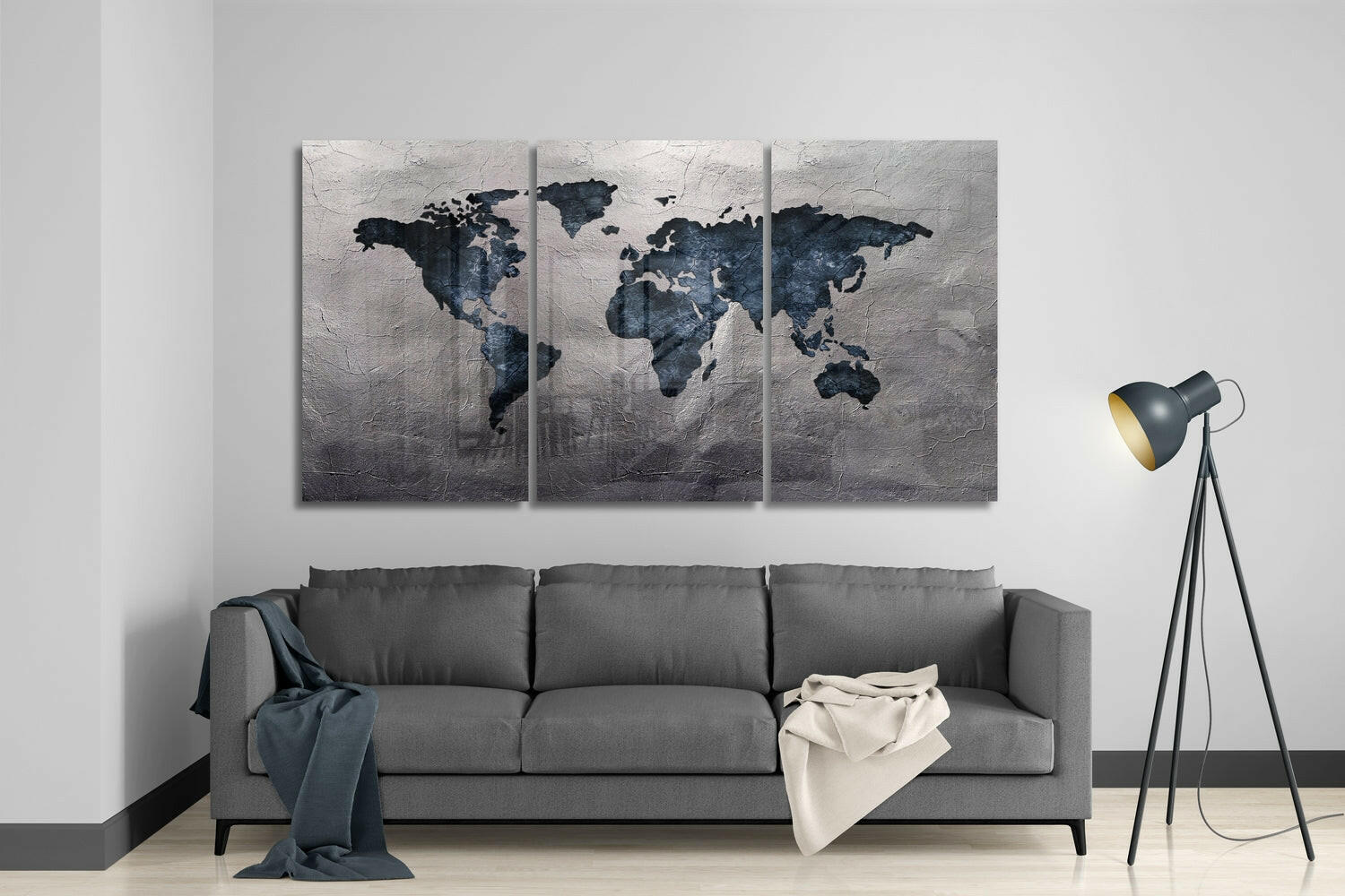 Navy World Map Silver Stone Glass Wall Art