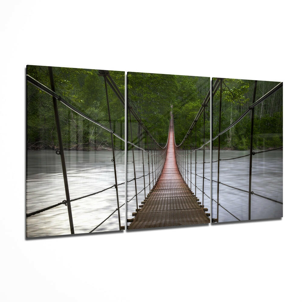 Red Rope Bridge Over River Glass Wall Art