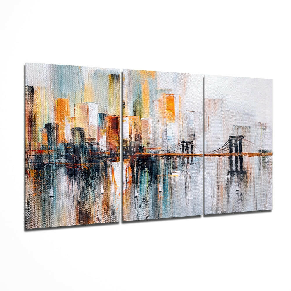 Abstract Amber City Skyline Bridge Glass Wall Art