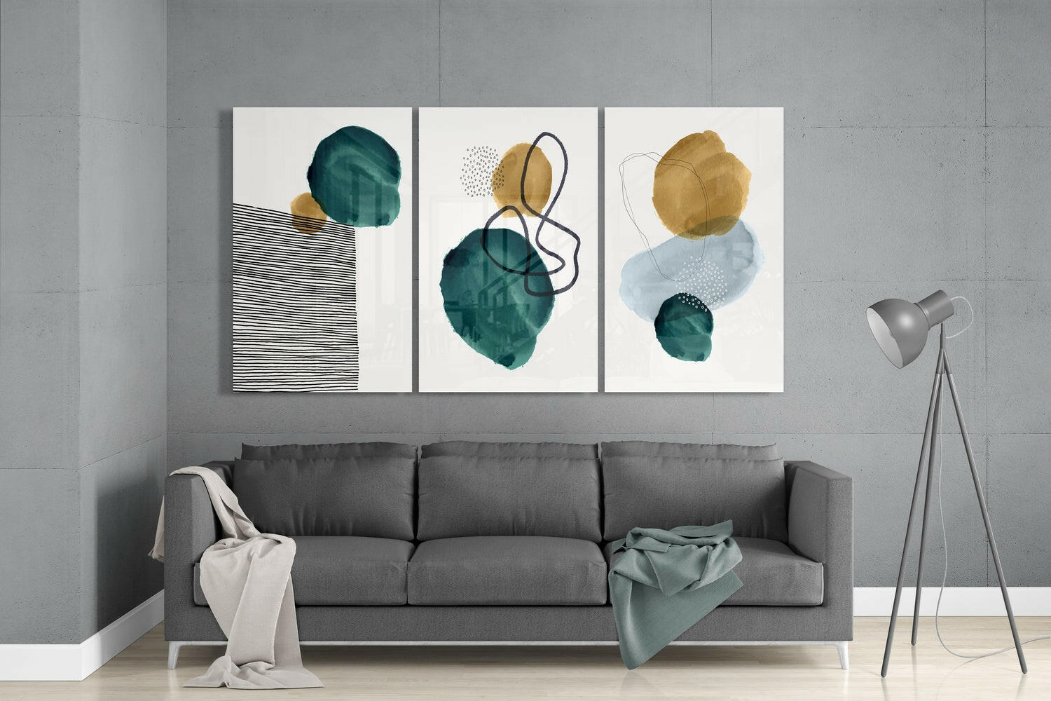 Teal Gold Organic Shapes Line Glass Wall Art